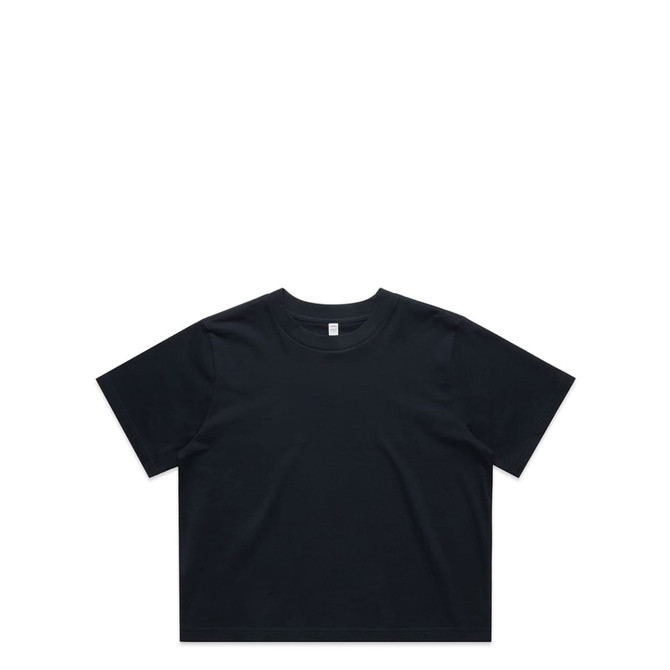 A black cropped t-shirt with a crew neck and short sleeves. It features a logo on the front.