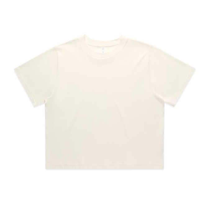 A classic crop tee in a soft cream colour with a loose fit, featuring a subtle logo on the neckline.