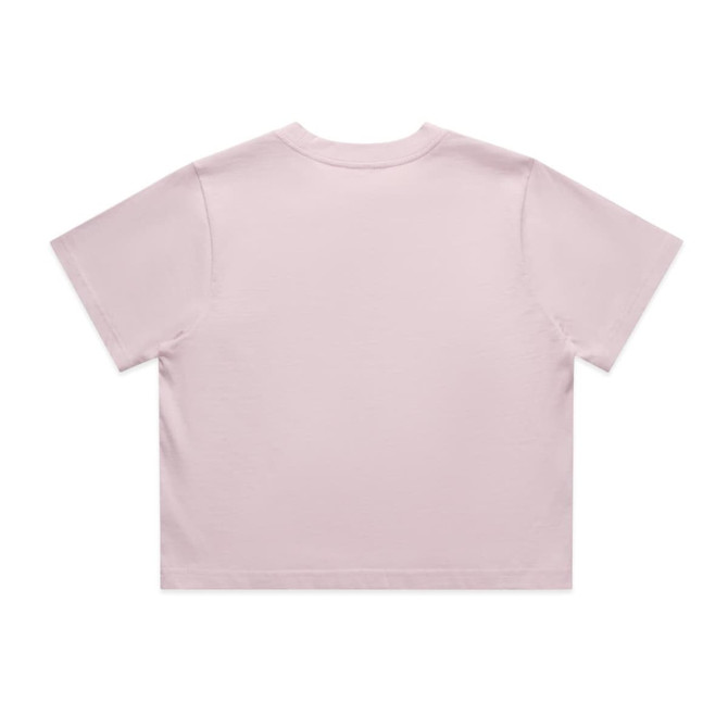 A pale pink cropped t-shirt with short sleeves and a plain back, featuring a logo.