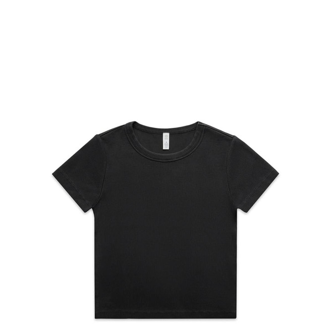 A black organic rib T-shirt featuring a round neckline and short sleeves, with a logo on the label.