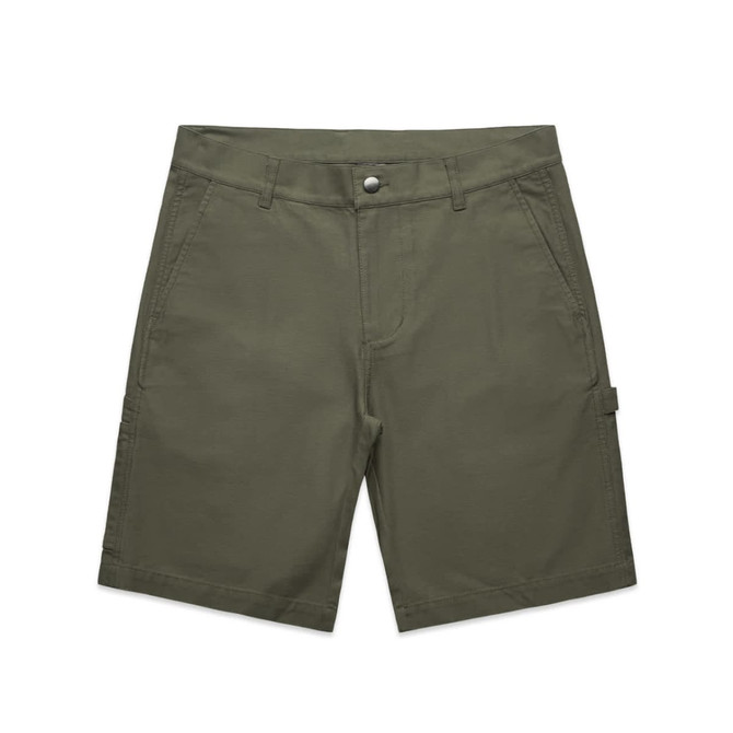 Utility shorts in olive green with a logo, featuring pockets and a classic fit. Suitable for casual wear.