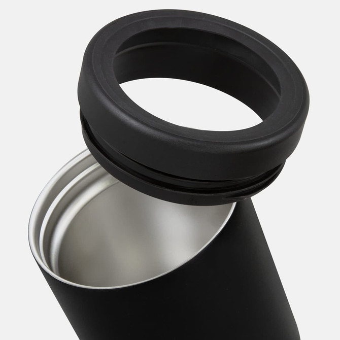 A drink bottle with a sleek black exterior and a black, threaded lid, featuring a double-walled interior.