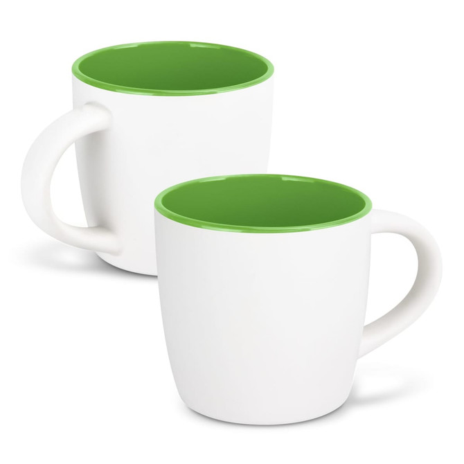 A drinkware set featuring two-tone coffee mugs with a white exterior and vibrant green interior. Each mug has a handle and a logo.