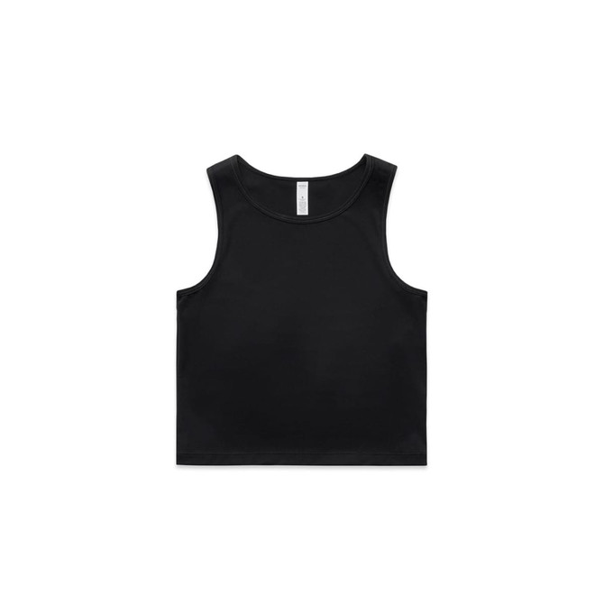 A black active crop tank top with a simple design and a logo.