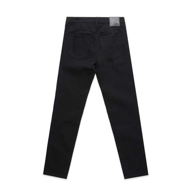 Black jeans with a slim fit, featuring five pockets and a back patch. The design includes a logo on the waistband.