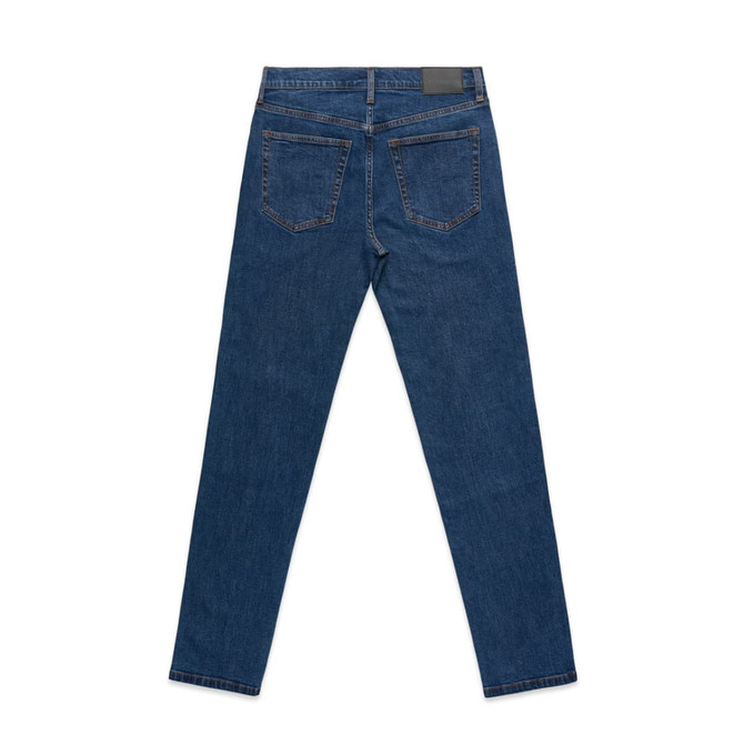 A pair of dark blue standard jeans viewed from the back, featuring five pockets and a branding label.