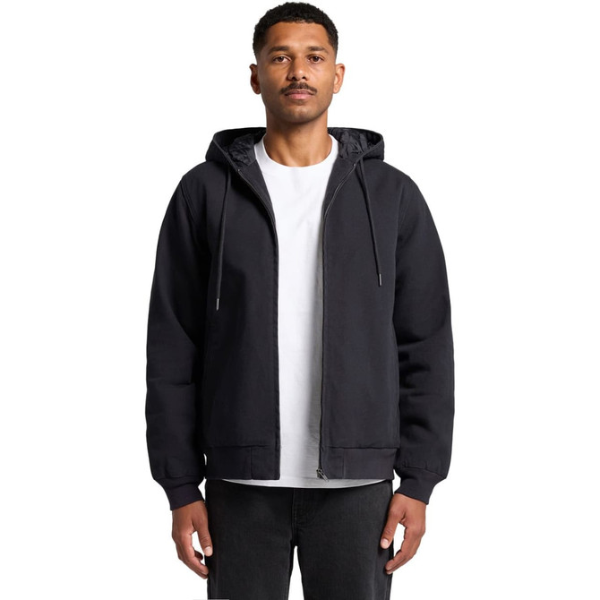 A black canvas bomber hood jacket featuring a front zipper and drawstring hood, worn by a model.