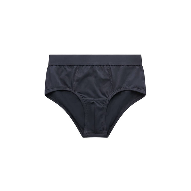 A pair of black Y-Front briefs featuring a smooth design and elastic waistband. The product includes a logo.