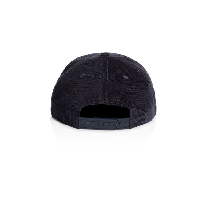 A navy cap with a corduroy texture, featuring a back adjustment strap and no visible branding.