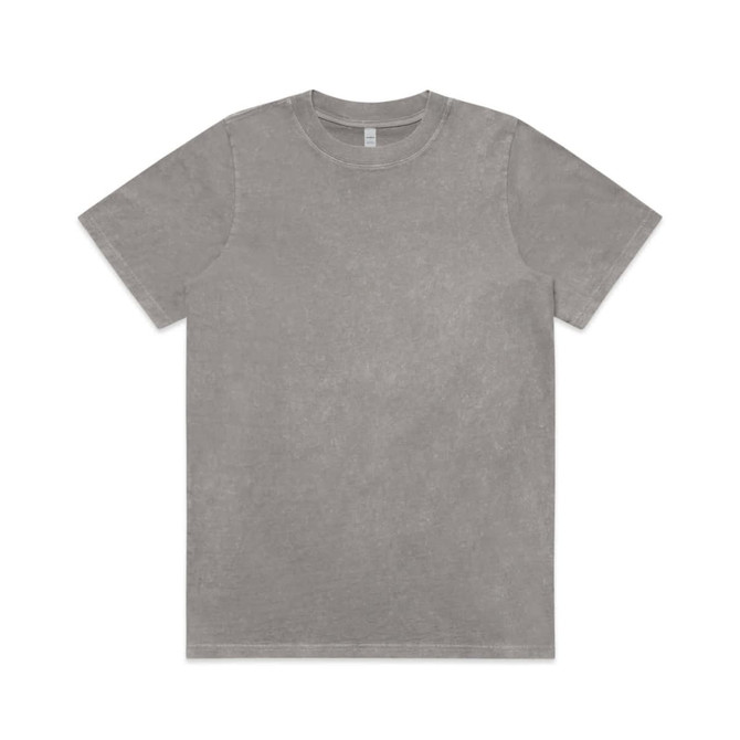 A heavy stone wash t-shirt in a muted grey colour, featuring a plain design and a branding logo.