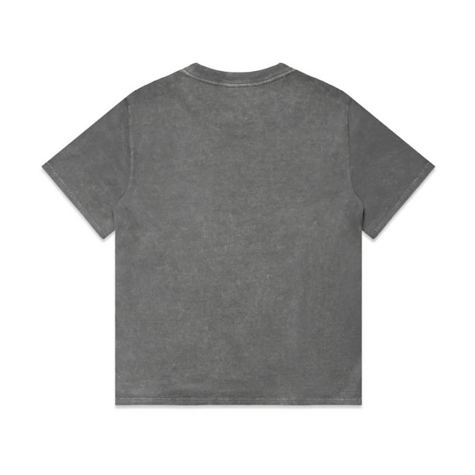 A grey stone wash heavy tee with a classic short-sleeved design and a plain back. Features a small logo.