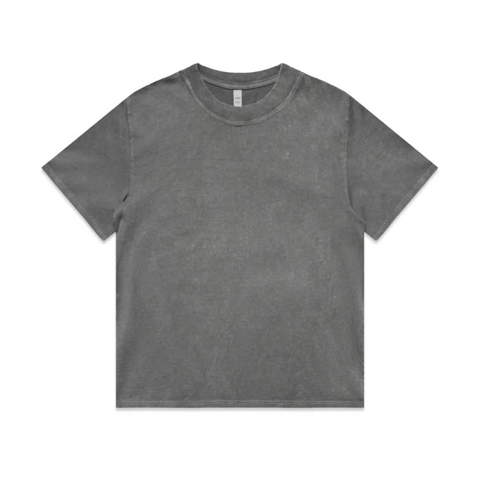 A grey stone wash heavy tee with a relaxed fit and short sleeves. The shirt features a branding logo.