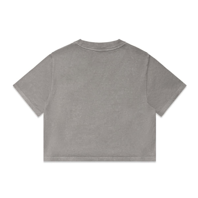 A grey heavy crop top with a relaxed fit and a slight stone wash finish, featuring a logo.