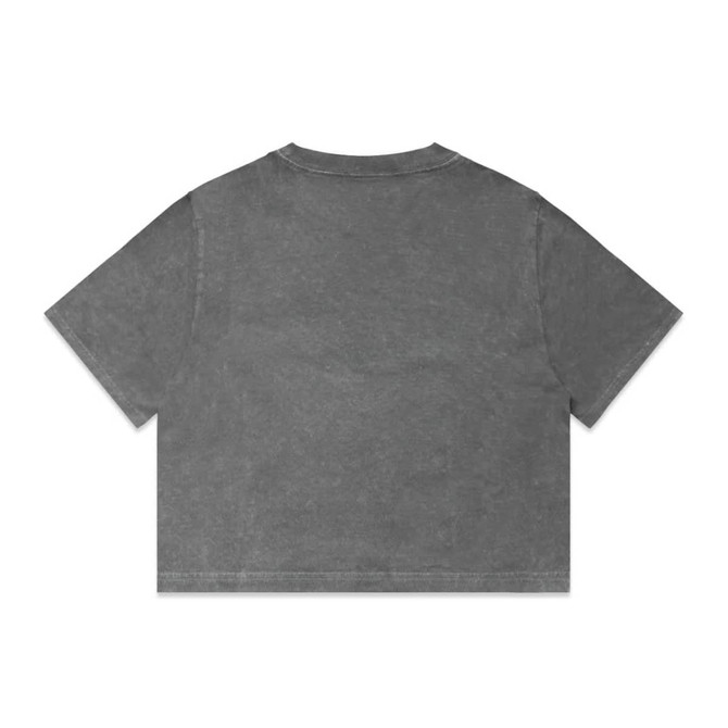 A grey cropped tee featuring a relaxed fit and a logo on the back.