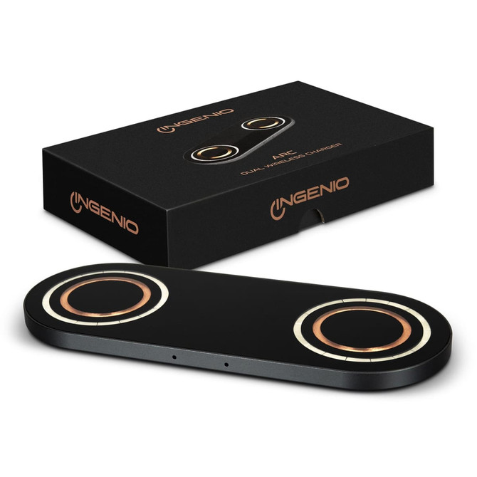 A black dual wireless charger with a sleek design and two charging pads, alongside a matching box with branding.