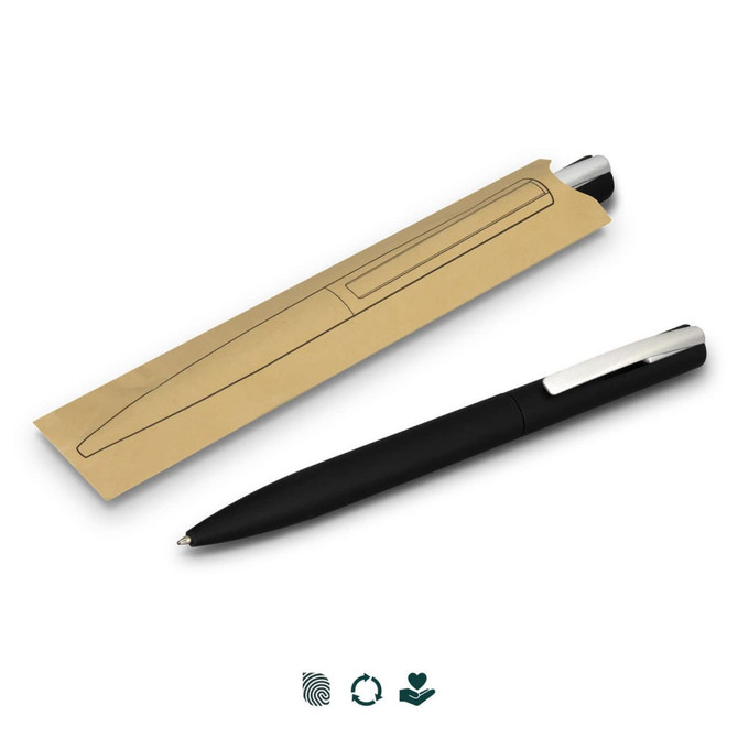 A black metal pen rests beside its brown packaging, featuring a sleek design and a silver clip. It has a logo.