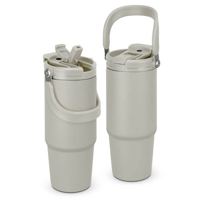 A drink bottle in light grey featuring a handle and a secure lid, with a logo visible on the surface.
