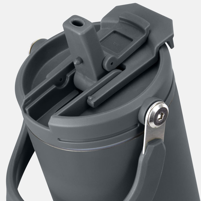 A grey travel mug with a secure lid and a handle, featuring a logo on the side.