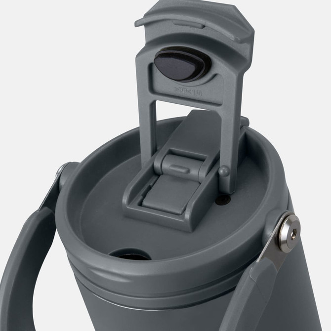 A drink bottle in grey with a lever lid and carrying handle, featuring a logo on the body.