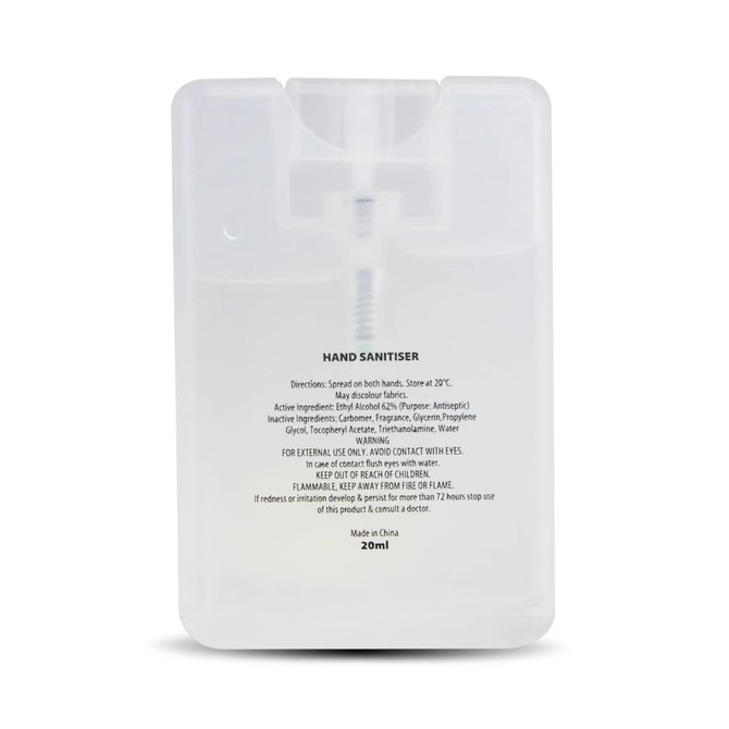 A clear, rectangular hand sanitiser card containing 20ml of liquid, featuring a built-in dispenser and a logo.