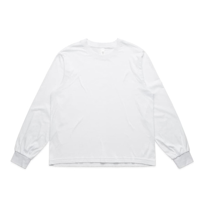 A long-sleeve white T-shirt featuring a round neckline and fitted cuffs, with a brand logo visible.