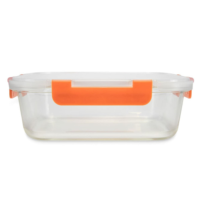 A clear lunch box with an orange handle, featuring a rectangular design and airtight lid.