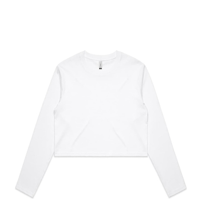 A white long-sleeve cropped tee with a simple design and a small logo.
