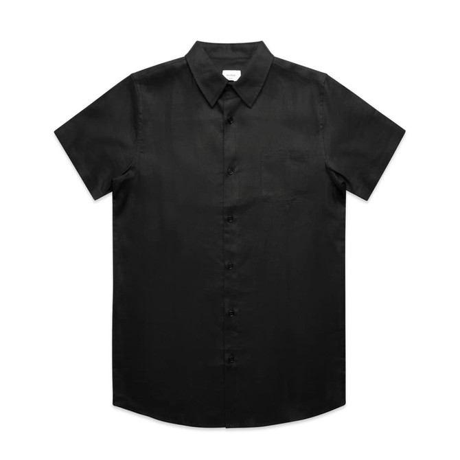 A black short-sleeve button-up shirt with a chest pocket and a plain design. It features a collar and buttons.