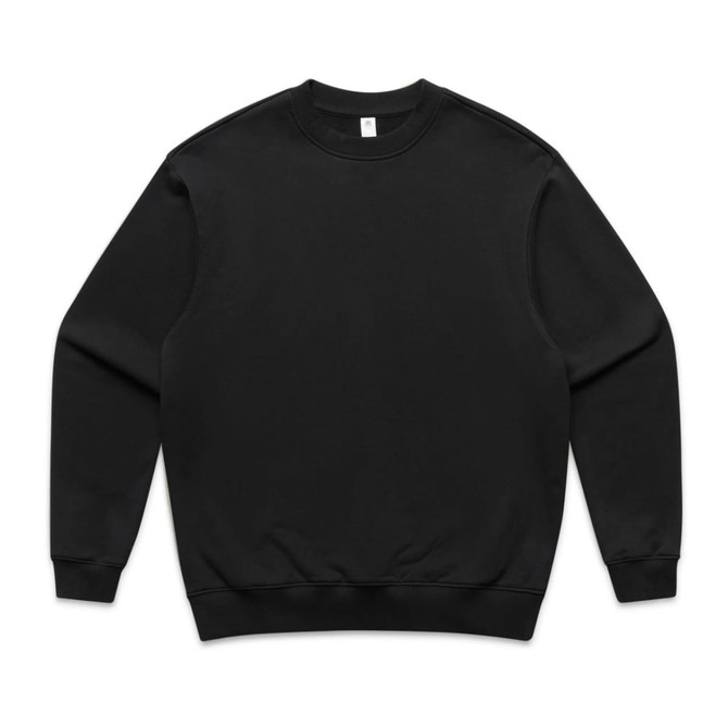 A black sweater featuring a crew neck and long sleeves, with a simple design and a brand logo.