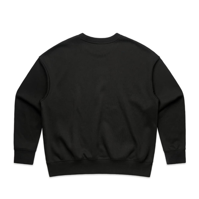 A black jumper with a simple, unadorned back and ribbed cuffs. It features a branding logo.