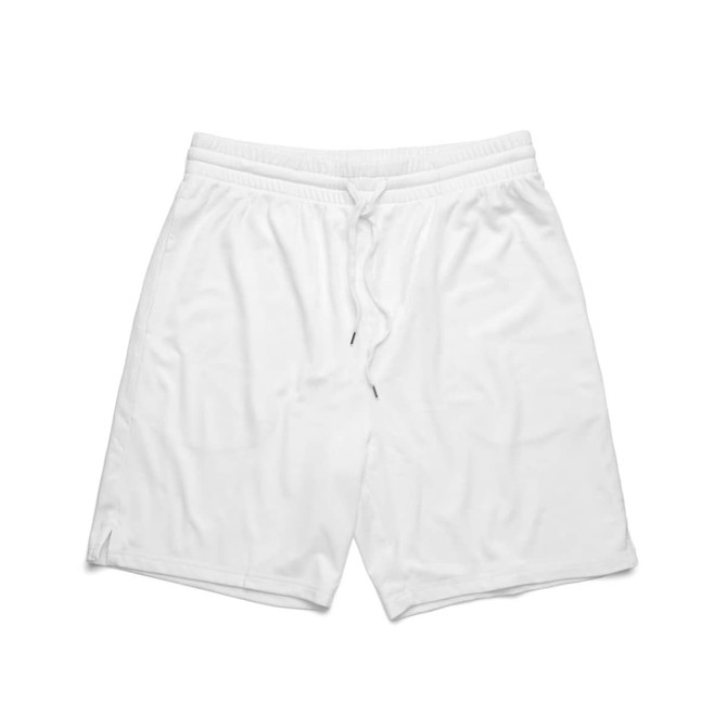 A pair of white sports shorts featuring an elastic waistband and a drawstring, with a logo on the front.