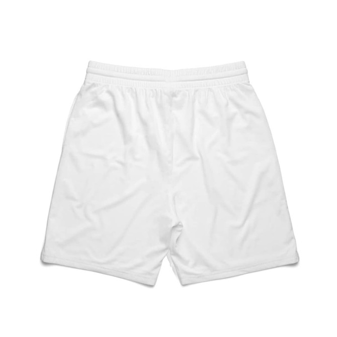 White sports shorts featuring an elastic waistband and a simple design. Includes a logo.