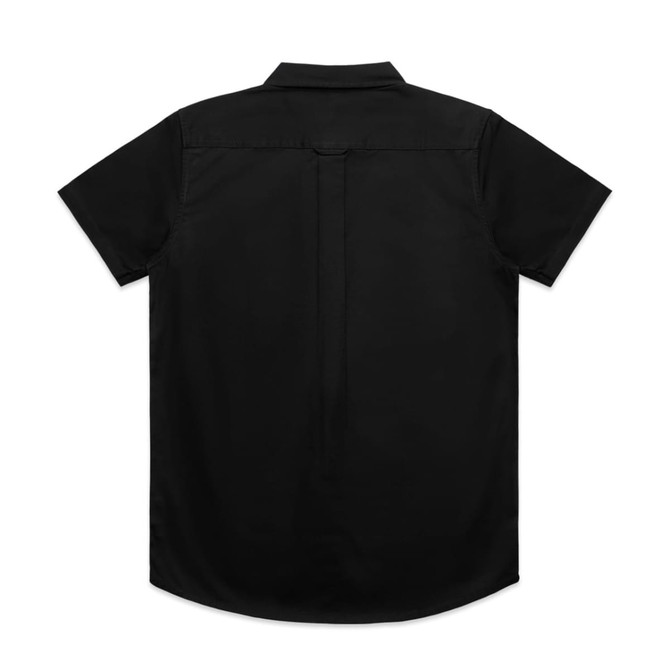 A black short-sleeve work shirt featuring a classic collar and a back pleat. Includes a logo on the back.