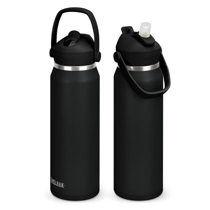 A drink bottle in matte black featuring a flip straw lid and a handle, with a logo present.