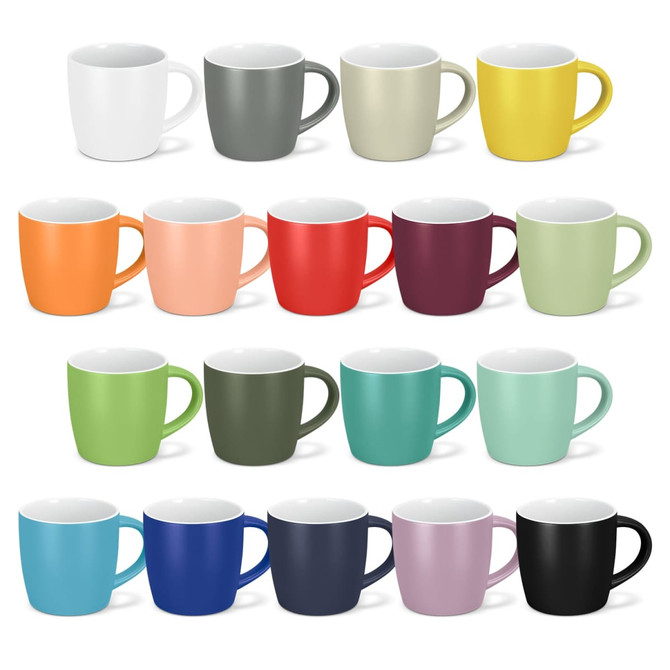 A collection of coffee mugs in various colours, including white, grey, yellow, orange, red, and blue, with contrasting interiors.