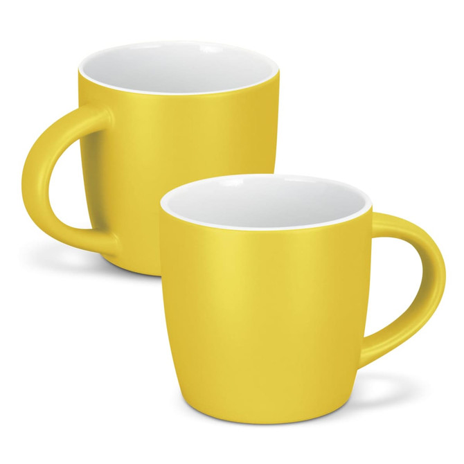 Two yellow coffee mugs with a smooth finish and white interiors, featuring a handle and a simple design.