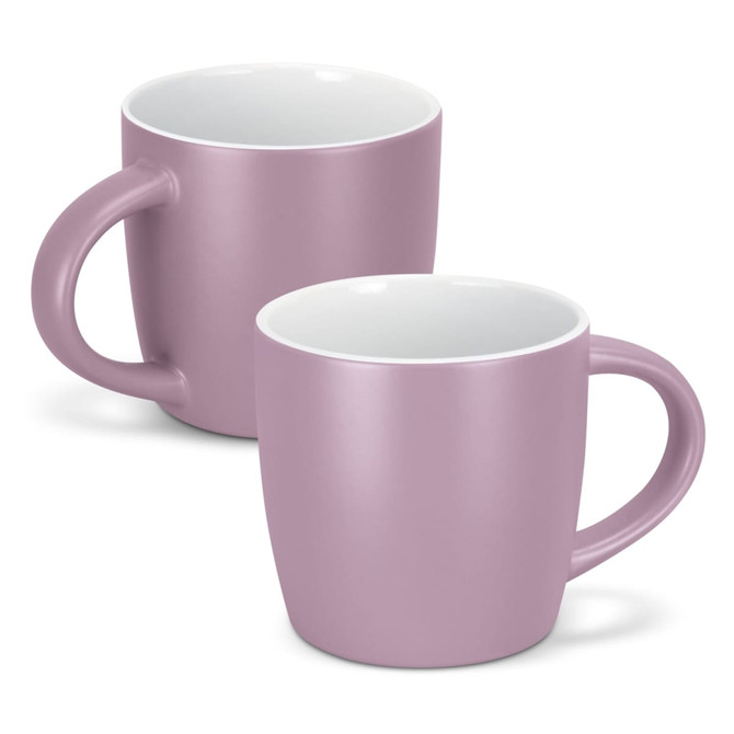 Two pink coffee mugs with a smooth matte finish and white interiors. Both feature a rounded shape and sturdy handles.