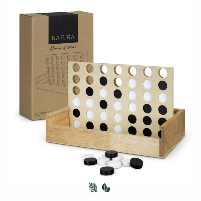 A wooden four-in-a-row game in a natural finish, featuring black and white game pieces, with a branded box in the background.