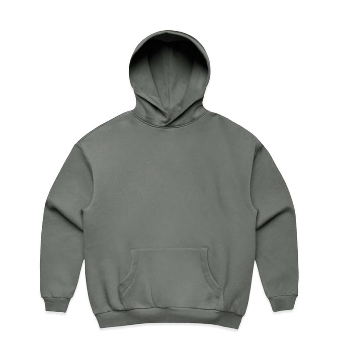 A grey hoodie featuring a front pocket and a large hood, with a brand logo on the design.
