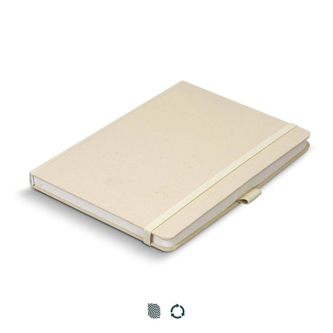 A beige hard cover notebook featuring a tab closure and elastic band, made from recycled paper with a logo.