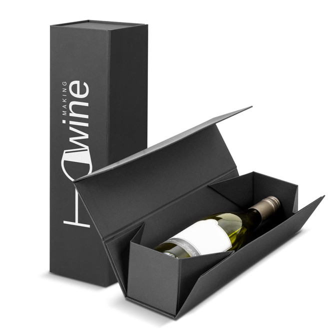 A wine bottle in a sleek black gift box, featuring a minimalist design and an interior cradle for protection.