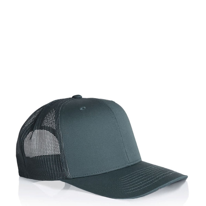 A dark green mesh trucker cap with a solid front and mesh back, featuring a logo.