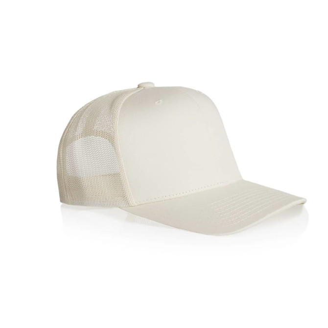 A beige mesh trucker cap featuring a solid front and mesh back, with a curved peak and a logo.