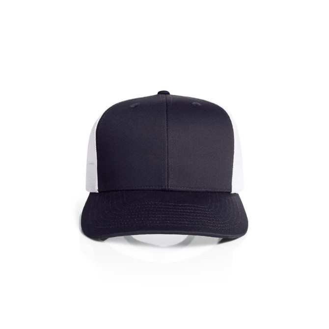 A black and white mesh contrast trucker cap with a structured front and adjustable back. Features a logo on the front.