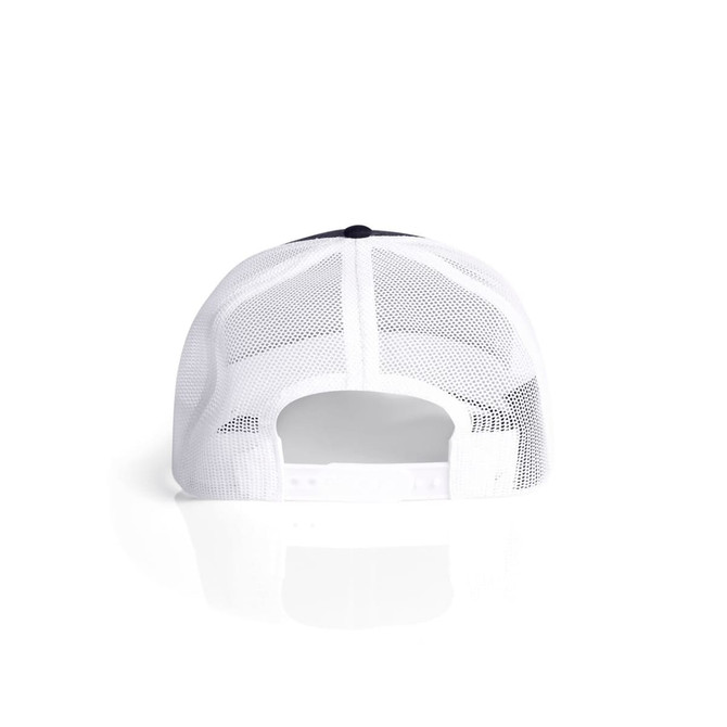 A white mesh trucker cap with a contrasting dark back and adjustable snap closure, featuring a logo.