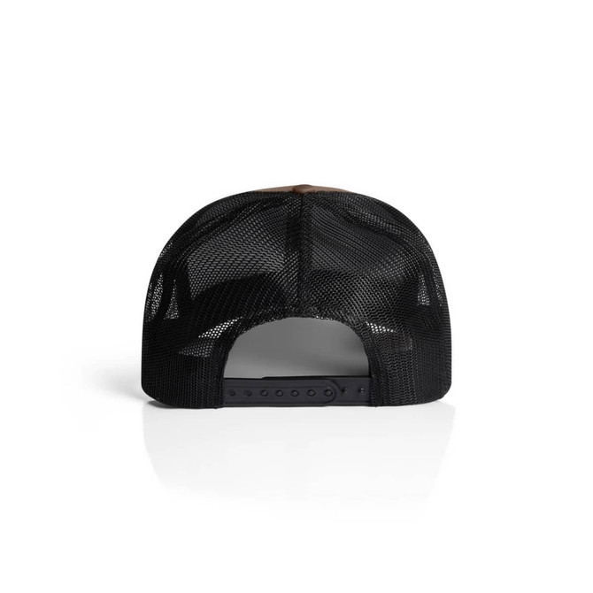 A black mesh trucker cap with a brown top and an adjustable strap at the back, featuring a logo.