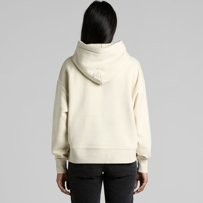 A cream-coloured hoodie with a large hood, featuring a relaxed fit and long sleeves. It has a logo on the back.