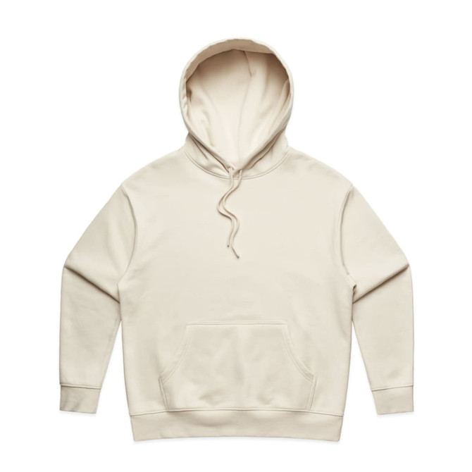 A cream-coloured hoodie featuring a front pocket and an attached hood, with a logo on the front.