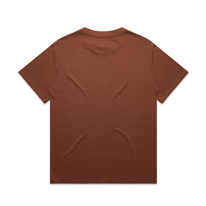 A brown heavy t-shirt featuring a plain back design and logo detail.