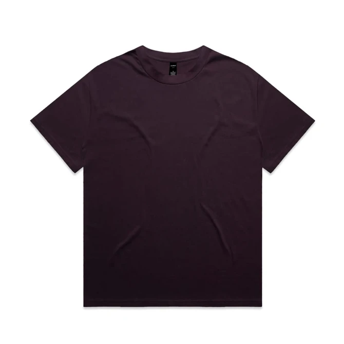 A short-sleeved, heavy tee in a rich dark purple colour, featuring a tag and a logo.